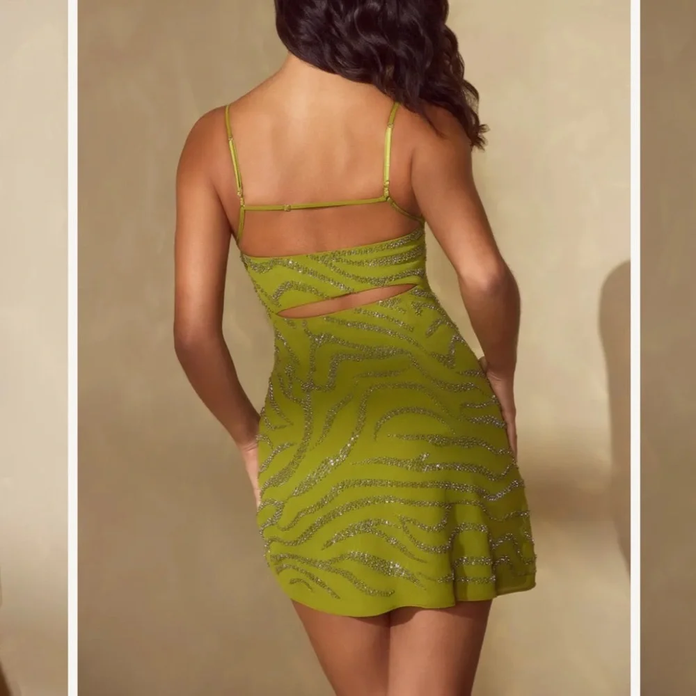 Leonora beaded Olive Green mini Dress Oh Polly - Picture 2 of 5